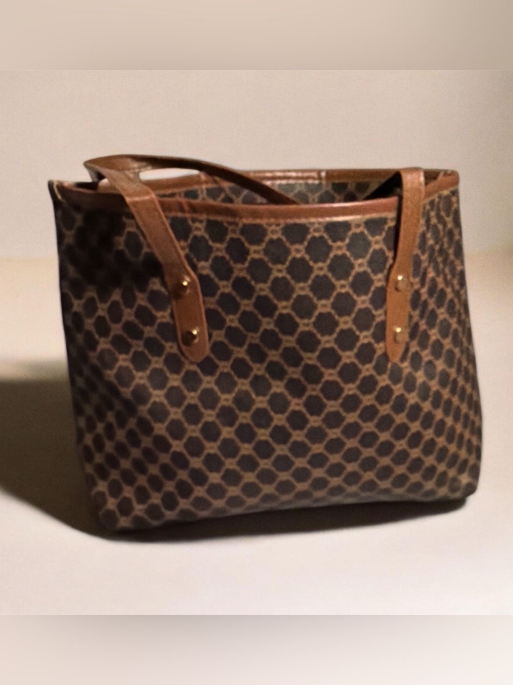 Classic Brown Patterned Tote Bag with Tan Trim